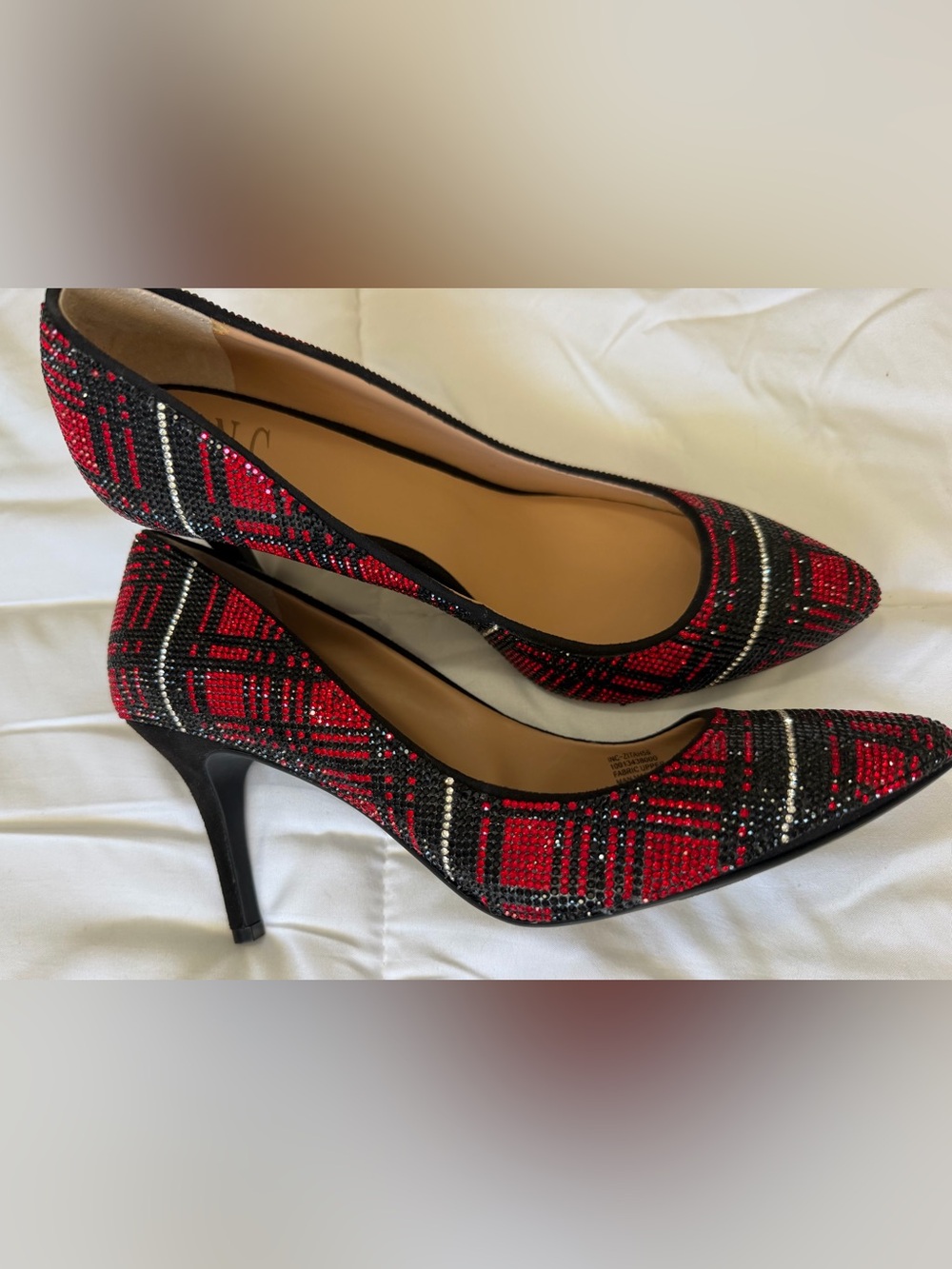 INC elegant RED and BLACK plaid rhinestone stiletto heels - Picture 2 of 10